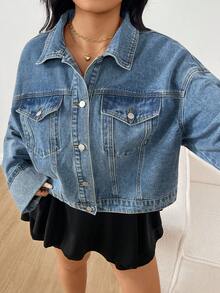 Sunnyshic Plus Size Casual Retro Loose Denim Jacket - Blue - View 7