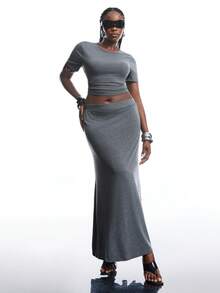 SHEIN EZwear Plus Size 2 Pieces Set, Soft & Comfortable Solid Short Sleeve Top And Skirt, Spring/Summer - Dark Grey - View 3