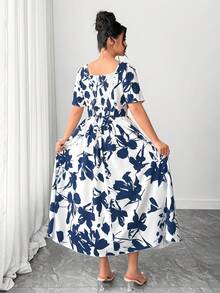 Elenzga 大码女式蓝白碎花领口特别设计收腰A字修身中长连衣裙，适合毕业典礼、节日、情人节、音乐节、母亲节、万圣节、感恩节、复活节、国庆节、晚会、约会、派对、婚礼、户外活动等场合。 - 藍白色 - 查看 2