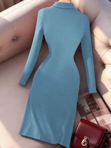 Franclia Elegant Turtleneck Long Sleeve Knit Dress, Autumn/Winter - Blue - View 2