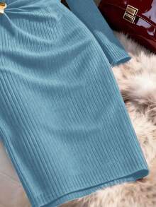 Franclia Elegant Turtleneck Long Sleeve Knit Dress, Autumn/Winter - Blue - View 3