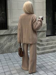 Livesso Damen Locker geschnittener Business Lässig Strickjacken- und Gerade-Bein-Hosen-Set, elegante Bürokleidung für Herbst, Winter, Frühling - Khaki - Übersicht 3