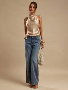 SHEIN BAE Women's Solid Color Gold Plunging Neck Backless Halter Tank Top, Sexy & Elegant Camisole - Gold - View 5