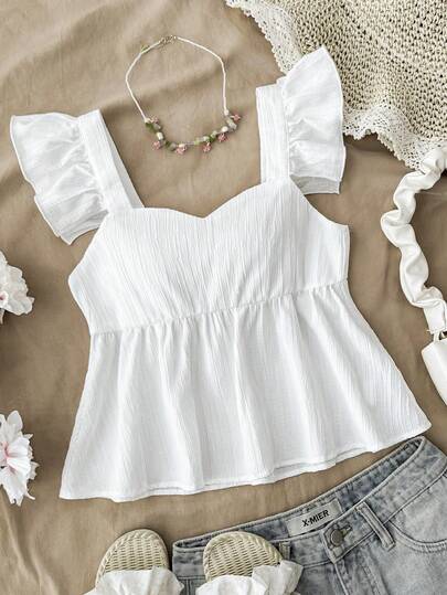 Tween Girl White Solid Color Flowy Cap Sleeve A-Line Textured Fabric Blouse, Suitable For Vacation, Music Festival, Boho, Holiday, Afternoon Tea Cute Summer Top White Summer Top