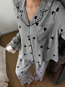 Napfluff CURVE Napfluff CURVE Plus Size Women Mushroom Collar Striped Heart Print Pajama Set - Multicolor - View 3
