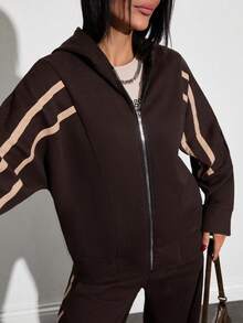 EURMUSE Chic Contrast – Brown Cotton Sweat Long Sleeve And Wide Leg Set With Beige Trim For Effortless Street Style / Elevated Essentials – Brown Loungewear Set With Beige Detailing