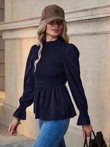 Solivie Blusa holgada de manga larga con volantes elegantes para mujer, camiseta interior versátil para otoño - Azul Marino - Ver 6