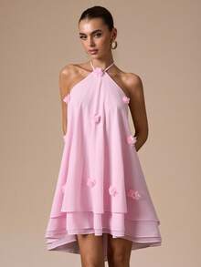 SHEIN BAE 无袖荷叶边领纯色迷你连衣裙，饰有3D立体花朵，优雅可爱，适合浪漫约会、派对、婚礼、夏季场合。 - 粉色 - 查看 7