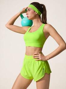 SHEIN Sovereign Charm Quần short thể thao dáng ôm, đa năng, màu vàng neon, phối lưới, có túi. - Màu vàng - Xem 6