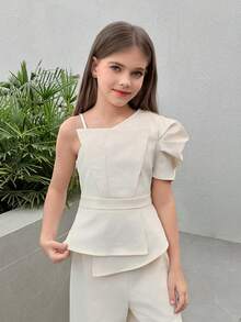 Firerie Kids Firerie Kids 2pcs Tween Girls Oblique Shoulder Shirt Set, Casual Cute Fashion Versatile For Outings, Sisters Photo Shoots, Park, Camping, Daily, Party, Vacation - White - View 3