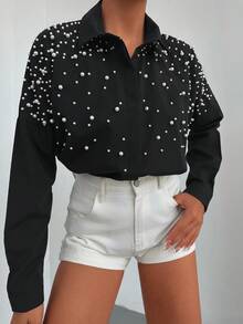 EURMUSE 100%Cotton Pearls Beaded Drop Shoulder Shirt - Black - View 3