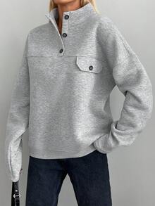 EURMUSE Cotton Half Button Flap Detail Drop Shoulder Sweatshirt - Grey - View 3