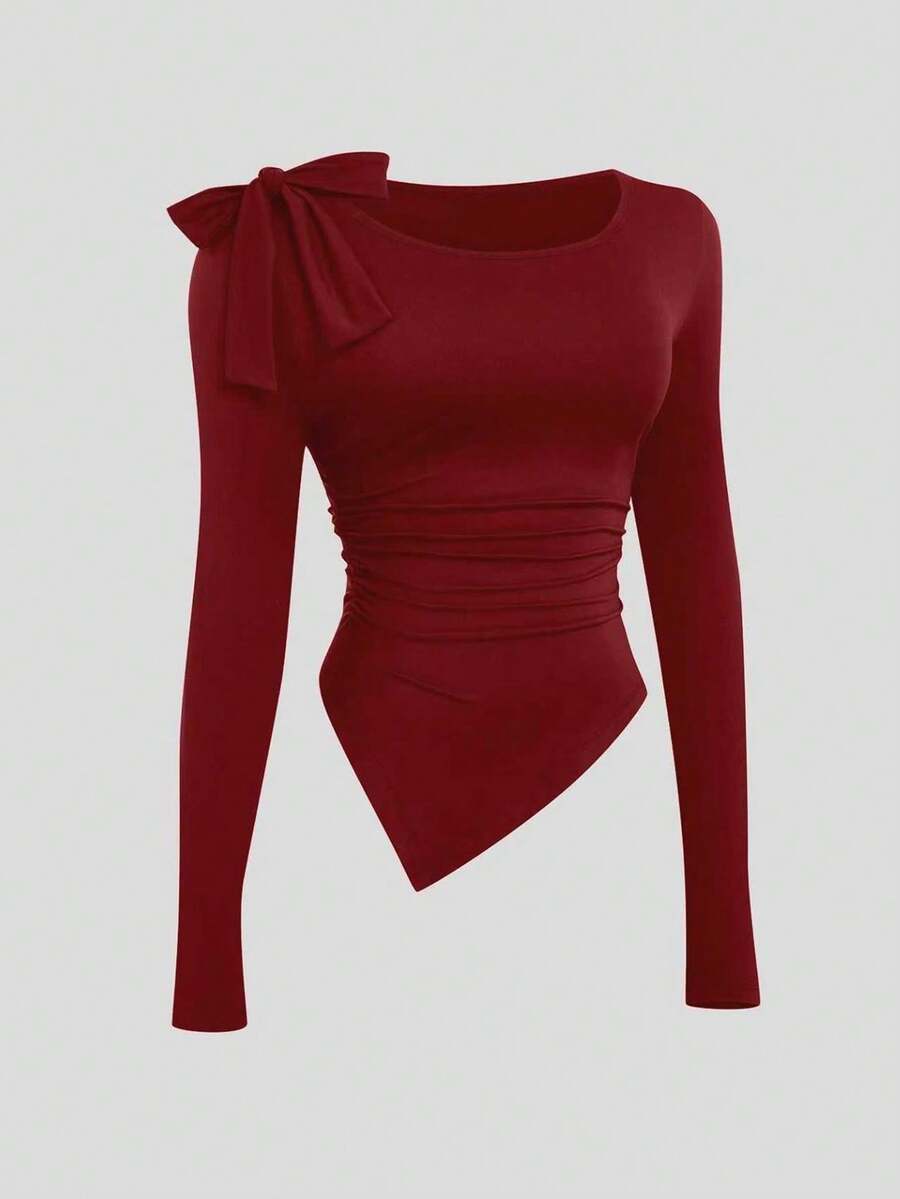 Sweetra Asymmetric Hem Ruched Long Sleeve T-Shirt With Bow Shoulder Strap Decor - Burgundy - View 1