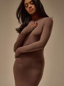 MUSERA ESSENTIALS Fitted Long Sleeve Crewneck Polyamide Maxi Dress  Cosy Lounge Cute Sexy Everyday Lounge Essential - Chocolate Brown - View 5