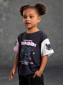 SHEIN How to Train Your Dragon Young Girl Casual Contrast Color Letter & Dragon Pattern Short Sleeve T-Shirt, Summer - Black - View 4