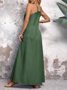 EMERY ROSE Colorful Spaghetti Strap Loose Long Denim Dress, Casual Everyday Wear - Green - View 3