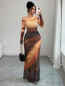 Rafferiza Elegant Tie-Dye Pleated Mesh Asymmetric Collar Pleated Fitted Dress, Women's Autumn Apparel - Multicolor - View 1