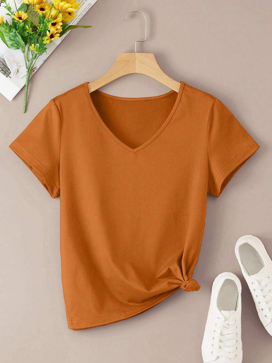 INAWLY 素色V領T恤 - 鏽棕色 - 查看 1