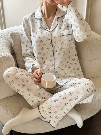 Dream Adore Elegant Ditsy Floral Ruffle Collar & Cuff Long Sleeve Pajama Set For Women