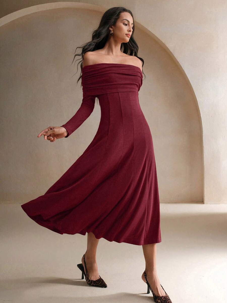 Anewsta Off-Shoulder Long Sleeve Cinched Waist A-Line Long Dress, Formal Occasion Maxi Women Outfit - Burgundy - View 1