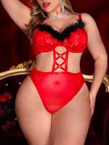 SHEIN 1pc Plus Size Lace Contrast Mesh Underwire Sexy Bodysuit, Valentine's Day - Red - View 6
