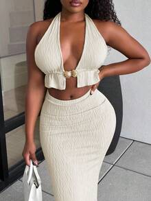 Alexandranx Chic Autumn Women's Summer Vacation Textured Metal Decor Hollow Out Halter Top And Mini Skirt Set - Apricot - View 4