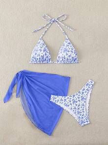Swim Mod Women's Ditsy Floral Halter Strap Triangle Bikini Set, Summer - Blue - View 3