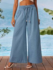 Travachic Quần jeans nữ dáng rộng, màu trơn, cạp chun, ống rộng, kiểu dáng thường ngày. - Rửa nhẹ - Xem 5