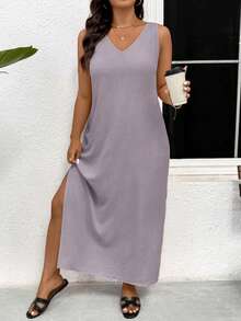 SHEIN Frenchy 大码休闲度假V领蕾丝拼接开衩连衣裙 - 紫色 - 查看 4