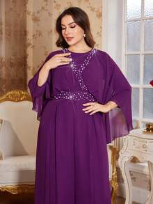 Reflora Bộ áo liền quần bằng vải chiffon thanh lịch dành cho nữ cỡ lớn, thích hợp cho các bữa tiệc, mùa thu/đông/xuân. - Màu tím - Xem 5
