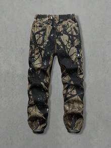 男童时尚迷彩印花牛仔裤，适合所有季节，休闲校园穿着，松紧腰带，工装口袋，宽松版型牛仔裤 - 卡其色 - 查看 2