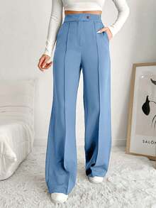 EURMUSE Women's Solid Color High Waist Toothpick Design Pocket Casual/Work Pants - Baby Blue - View 1
