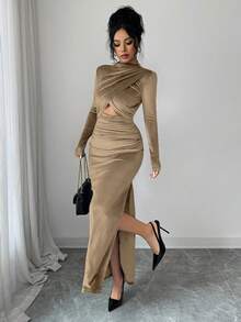 Rafferiza Vestido elegante y sexy para mujer, de manga larga, cuello alto, ajustado, de tela de terciopelo con abertura lateral, color azul profundo, para otoño/invierno - Caqui - Ver 7