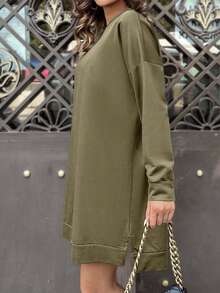 EURMUSE Cotton Solid Drop Shoulder Split Hem Sweatshirt Dress - Army Green - View 3