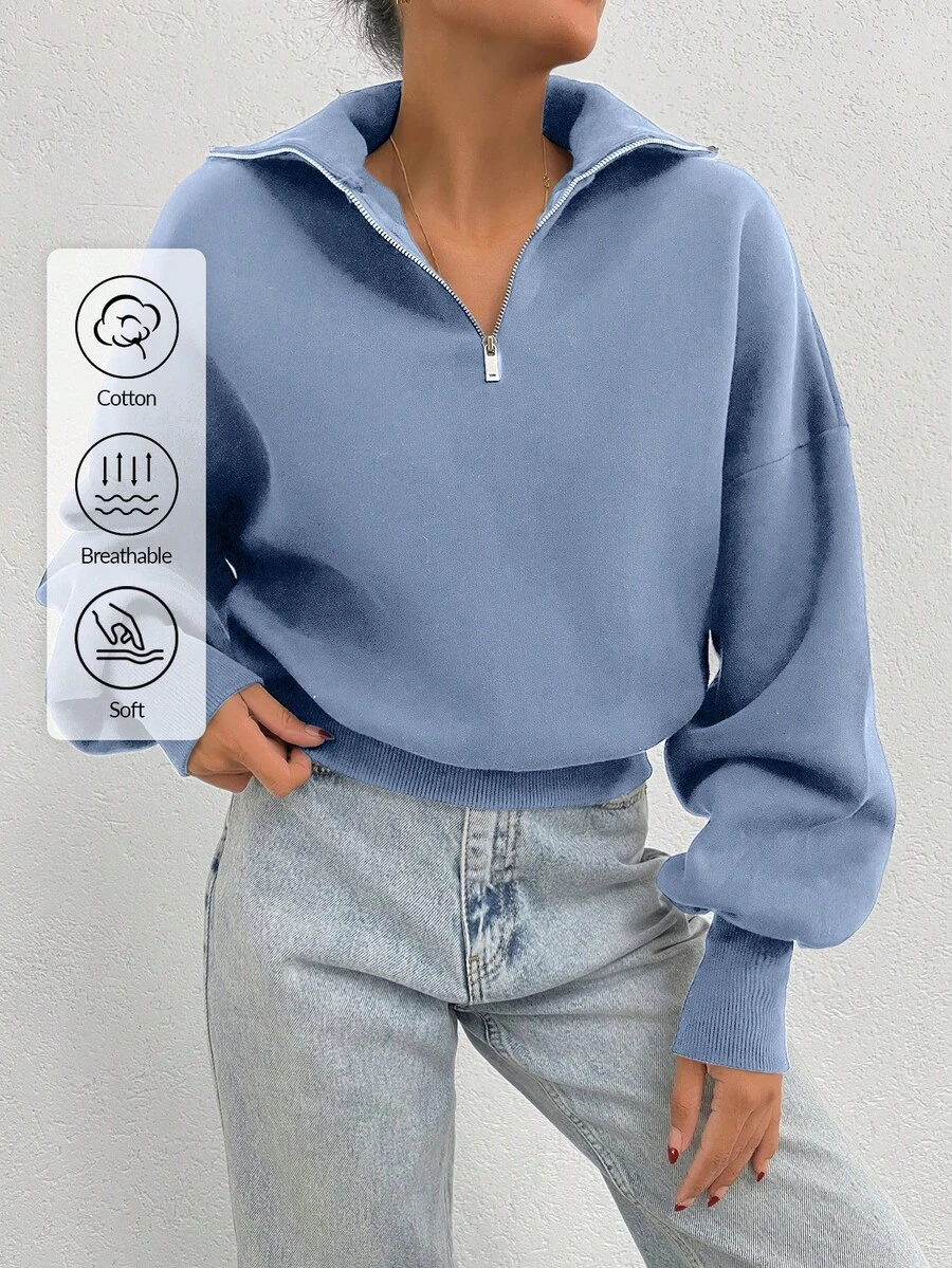 EURMUSE Sudadera oversize de 100% algodón con cuello con cremallera y estampado - Celeste - Ver 1