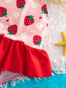 SHEIN Buy One Get One Free, Including A Hat. Cute Baby Girl Casual, Simple, And Adorable Patterned Tank Top Swimsuit, Perfect For Outings, Vacations, And Spring/Summer. - Red - View 5