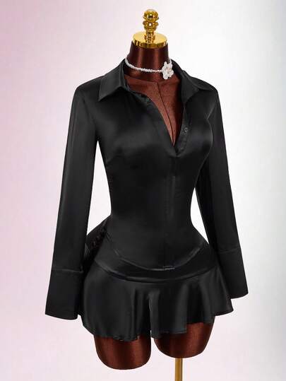 Amplova Conjunto de falda mini y manga larga de satén con estilo barroco elegante para mujer