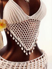 Amplova Set de 3 piezas: Vestido mini envolvente de crochet con escote halter y espalda descubierta - Albaricoque - Ver 10