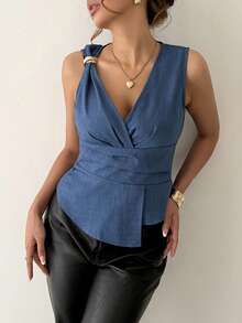 Almamuse Women's V-Neck Sleeveless Ruched Metal Button Elegant Minimalist Blouse, Suitable For Spring/Summer, Casual, Party, Daily Wear - Blue - View 3