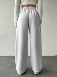 EURMUSE Cotton Women's Wide Leg Sweatpants With Tie Waist - Light Grey - View 2
