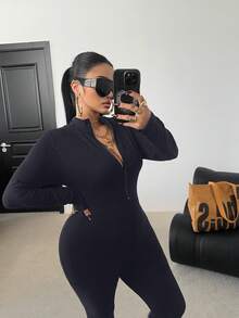 POPSWAY 加大码黑色长袖连体裤，前拉链，腰部收紧，修身剪裁，纯色，百搭，日常穿着 - 藏蓝色 - 查看 5