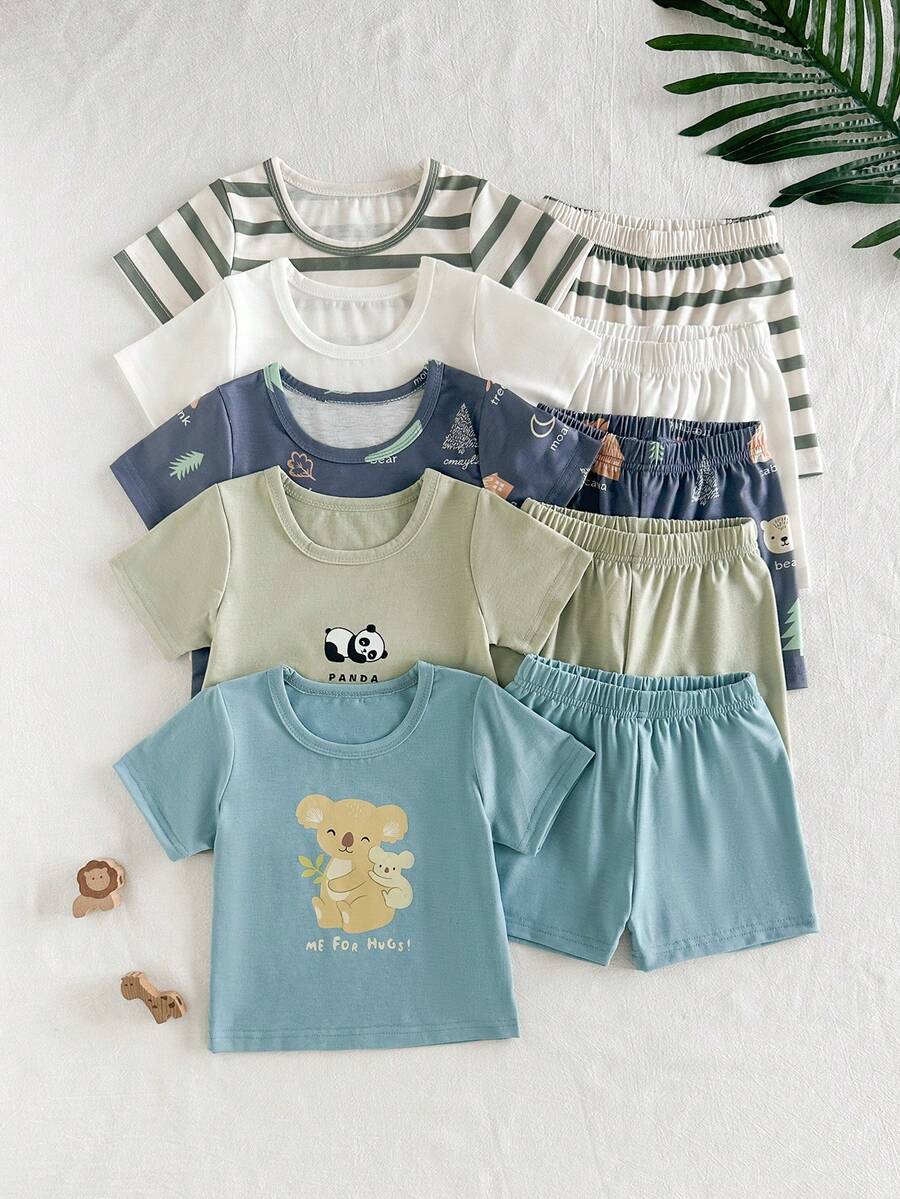 SHEIN Vintaside Kids 10件/5套男婴套装，包括5件针织短袖圆领上衣和5条弹力腰针织短裤。上衣颜色有卡其色、灰蓝色、军绿色、棕色和黑色，短裤颜色与之相配。适合春夏季节户外休闲穿着，尺码为6个月至2-3岁。