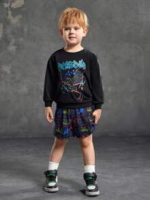 SHEIN How to Train Your Dragon 2pcs/Set Young Boy Casual Letter & Dragon Print Crew Neck Sweatshirt And Shorts Set, Autumn - Black - View 1