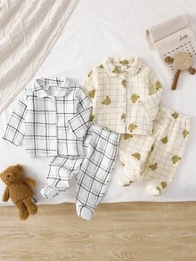 新生儿睡衣套装 - 两件套，格子图案，圆领长袖连脚裤，纽扣前开襟，中性米白色，四季皆宜，轻薄舒适，亲肤透气，2026 年假日必备 - 米色 - 查看 3