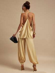 SHEIN BAE Quần satin nữ, quần ống rộng màu vàng gừng thanh lịch, thích hợp cho các buổi đi chơi, ăn trưa, mùa hè, đám cưới, kỳ nghỉ, đi biển. - Màu vàng - Xem 4