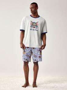 TOM & JERRY X SHEIN Men's Comfortable Cartoon Pattern Trim Short Sleeve T-Shirt And Shorts Loungewear Set, Summer - Light Grey - View 6