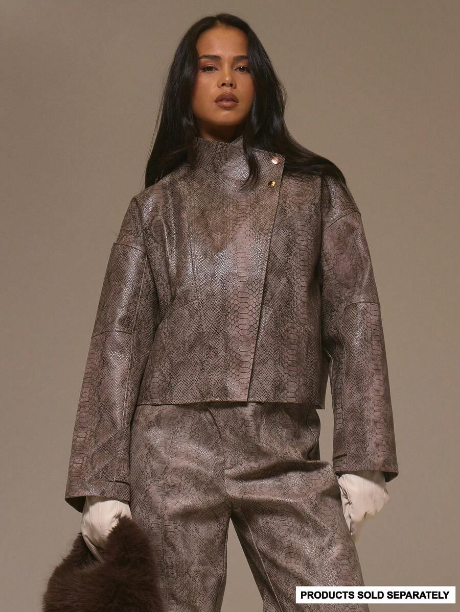 MUSERA Snake Print Faux Leather High Neck Asymmetrical Button Jacket Cool Girl, Streetstyle, Cute, , , Winter, Amplify Spring - Multicolor - View 1