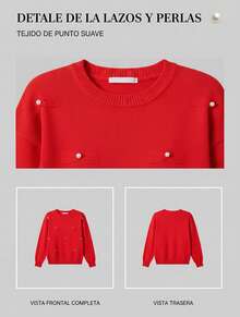 Suéter de punto para mujer con perlas y moños decorativos, manga larga y cuello redondo, tejido suave y ligero con viscosa, ideal para oficina y uso diario, disponible en varios colores y tallas S/M , L/XL - ROJO - Ver 2
