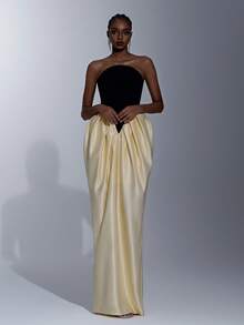 Elitara Đầm dạ hội sang trọng, thanh lịch màu đen trắng phối satin, chất liệu dệt kim co giãn, kiểu dáng corset, eo bồng bềnh, vạt phồng, xẻ tà sau, thích hợp cho nữ. - Đen và trắng - Xem 6