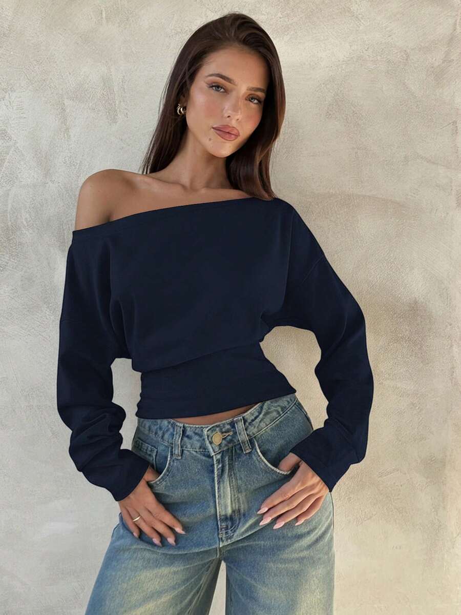 Aloruh 杏色针织不对称肩部长袖上衣，女士秋冬款 - 藏蓝色 - 查看 1